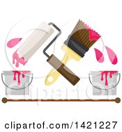 Clipart Of A Crossed Paintbrush And Roller With Pink Paint Buckets Over A Brown Line Royalty Free Vector Illustration