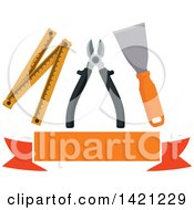 Poster, Art Print Of Spatula Pliers And Folding Ruler Over A Blank Orange Banner