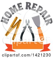 Poster, Art Print Of Home Repair Text Over A Spatula Pliers And Folding Ruler Over A Blank Orange Banner