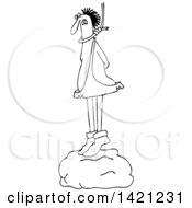 Clipart Of A Cartoon Black And White Lineart Caveman Standing On A Boulder With A Noose Around His Neck Royalty Free Vector Illustration