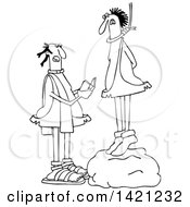 Poster, Art Print Of Cartoon Black And White Lineart Priest Reading A Caveman His Last Rights As He Stand On A Boulder With A Noose Around His Neck