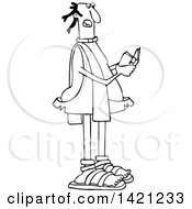 Clipart Of A Cartoon Black And White Lineart Caveman Priest Reading From A Bible Royalty Free Vector Illustration