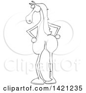 Poster, Art Print Of Cartoon Black And White Lineart Filly Horse Standing Upright Rear View