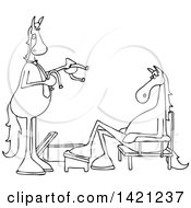 Clipart Of A Cartoon Black And White Lineart Salesman And Horse Trying On Shoes Royalty Free Vector Illustration