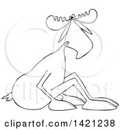 Clipart Of A Cartoon Black And White Lineart Moose Sitting On The Ground And Leaning Forward Royalty Free Vector Illustration