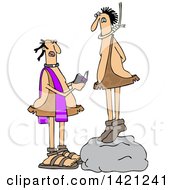 Poster, Art Print Of Cartoon Priest Reading A Caveman His Last Rights As He Stand On A Boulder With A Noose Around His Neck
