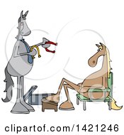 Cartoon Salesman And Horse Trying On Shoes
