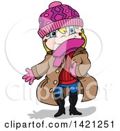 Poster, Art Print Of Cartoon Blond Caucasian Girl In Winter Clothes