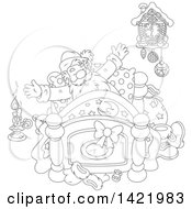 Black And White Lineart Santa Claus Stretching In His Bed