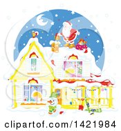 Poster, Art Print Of Christmas Eve Scene Of Santa Claus On Top Of A Home With Children Sleeping Inside Visible Through The Windows