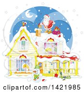 Poster, Art Print Of Cartoon Christmas Eve Scene Of Santa On Top Of A Home With Children Sleeping Inside Visible Through The Windows