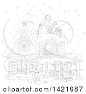Poster, Art Print Of Black And White Lineart Christmas Eve Scene Of Santa Claus On Top Of A Home With Children Sleeping Inside Visible Through The Windows