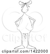 Clipart Of A Cartoon Black And White Lineart Moose Standing Upright With His Hands In Pockets Royalty Free Vector Illustration