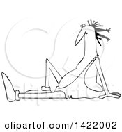 Clipart Of A Cartoon Black And White Lineart Caveman Sitting On The Ground And Leaning Back Royalty Free Vector Illustration