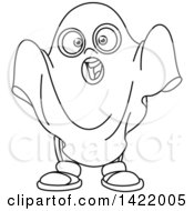 Clipart Of A Cartoon Black And White Lineart Kid In A Ghost Halloween Costume Royalty Free Vector Illustration