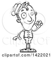 Clipart Of A Cartoon Black And White Lineart Doodled Male Christmas Elf Waving Royalty Free Vector Illustration