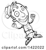 Clipart Of A Cartoon Black And White Lineart Doodled Male Christmas Elf Jumping For Joy Royalty Free Vector Illustration