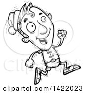 Clipart Of A Cartoon Black And White Lineart Doodled Male Christmas Elf Running Royalty Free Vector Illustration