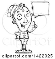 Poster, Art Print Of Cartoon Black And White Lineart Doodled Male Christmas Elf Holding Up A Finger And Talking