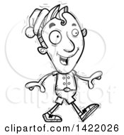 Clipart Of A Cartoon Black And White Lineart Doodled Male Christmas Elf Walking Royalty Free Vector Illustration