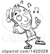 Clipart Of A Cartoon Black And White Lineart Doodled Male Christmas Elf Dancing To Music Royalty Free Vector Illustration