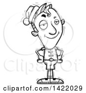 Clipart Of A Cartoon Black And White Lineart Doodled Confident Male Christmas Elf With Hands On His Hips Royalty Free Vector Illustration