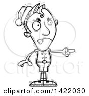 Clipart Of A Cartoon Black And White Lineart Doodled Male Christmas Elf Angrily Pointing The Finger Royalty Free Vector Illustration