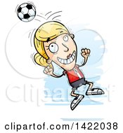 Poster, Art Print Of Cartoon Doodled Female Soccer Player Jumping And Bouncing A Ball Off Of Her Head