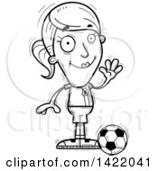 Cartoon Black And White Lineart Doodled Female Soccer Player Waving