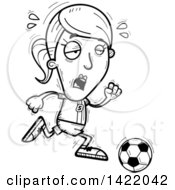 Cartoon Black And White Lineart Doodled Exhausted Female Soccer Player Running