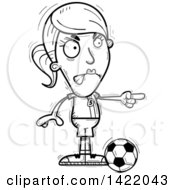 Cartoon Black And White Lineart Doodled Female Soccer Player Angrily Pointing The Finger