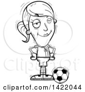 Cartoon Black And White Lineart Doodled Confident Female Soccer Player With Hands On Her Hips
