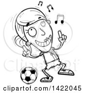 Poster, Art Print Of Cartoon Black And White Lineart Doodled Female Soccer Player Dancing To Music