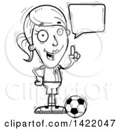 Cartoon Black And White Lineart Doodled Female Soccer Player Holding Up A Finger And Talking