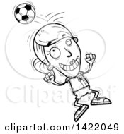 Cartoon Black And White Lineart Doodled Female Soccer Player Jumping And Bouncing A Ball Off Of Her Head