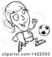 Clipart Of A Cartoon Black And White Lineart Doodled Female Soccer Player Running Royalty Free Vector Illustration by Cory Thoman