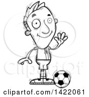 Poster, Art Print Of Cartoon Black And White Lineart Doodled Male Soccer Player Waving