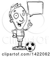 Cartoon Black And White Lineart Doodled Male Soccer Player Holding Up A Finger And Talking
