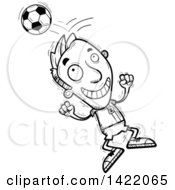 Cartoon Black And White Lineart Doodled Male Soccer Player Jumping And Bouncing A Ball Off Of His Head