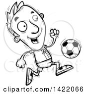 Poster, Art Print Of Cartoon Black And White Lineart Doodled Male Soccer Player Running