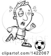 Poster, Art Print Of Cartoon Black And White Lineart Doodled Exhausted Male Soccer Player Running
