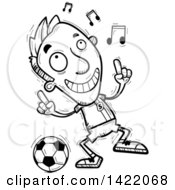 Cartoon Black And White Lineart Doodled Male Soccer Player Dancing To Music