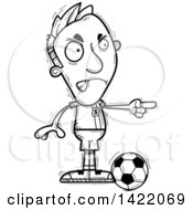 Cartoon Black And White Lineart Doodled Male Soccer Player Angrily Pointing The Finger