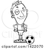 Cartoon Black And White Lineart Doodled Confident Male Soccer Player With Hands On His Hips