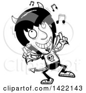Clipart Of A Cartoon Black And White Lineart Doodled Devil Dancing To Music Royalty Free Vector Illustration