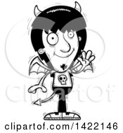 Clipart Of A Cartoon Black And White Lineart Doodled Devil Waving Royalty Free Vector Illustration
