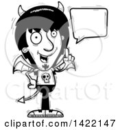 Clipart Of A Cartoon Black And White Lineart Doodled Devil Holding Up A Finger And Talking Royalty Free Vector Illustration