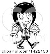 Clipart Of A Cartoon Black And White Lineart Doodled Devil Walking Royalty Free Vector Illustration