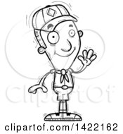Clipart Of A Cartoon Black And White Lineart Doodled Boy Scout Waving Royalty Free Vector Illustration