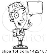 Poster, Art Print Of Cartoon Black And White Lineart Doodled Boy Scout Holding Up A Finger And Talking
